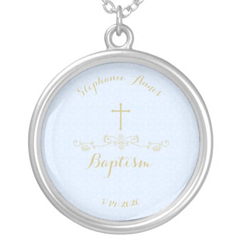 Gold Cross and Laurels in Light Blue Silver Plated Necklace