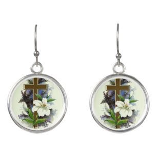 Gold Cross And Lily Earrings