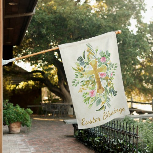 Gold cross and pink roses custom Easter  House Flag