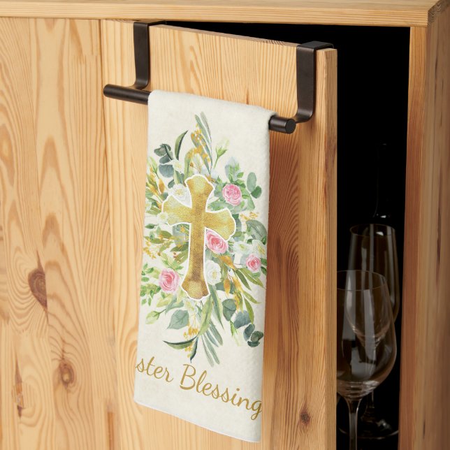 Gold cross and pink roses custom Easter  Kitchen Towel (Thirds Fold)