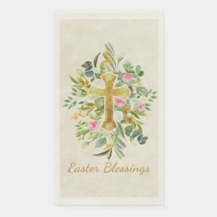 Gold cross and pink roses custom Easter  Paper Guest Towels