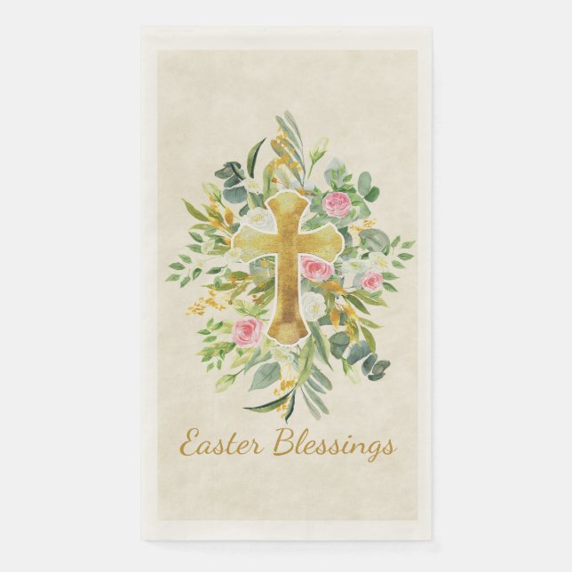Gold cross and pink roses custom Easter  Paper Guest Towels (Front)