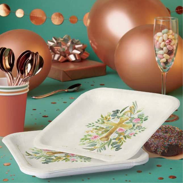 Gold cross and pink roses custom Easter  Paper Plates (Multi)