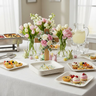 Gold cross and pink roses custom Easter  Paper Plates