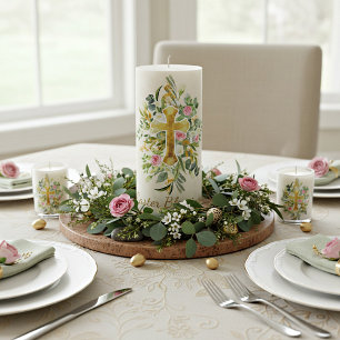 Gold cross and pink roses custom Easter  Pillar Candle