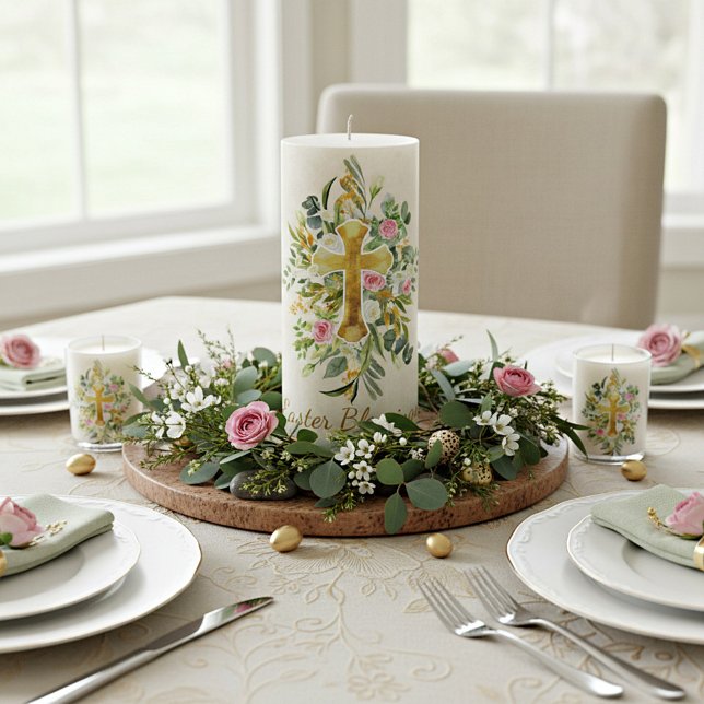 Gold cross and pink roses custom Easter  Pillar Candle (Creator Uploaded)
