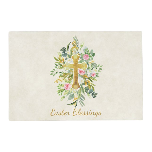 Gold cross and pink roses custom Easter  Placemat (Front)