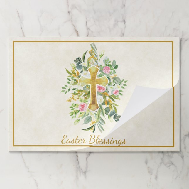 Gold cross and pink roses custom Easter placemats (Folded)