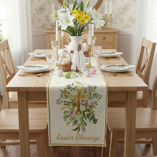 Gold cross and pink roses custom Easter  Short Table Runner (Creator Uploaded)