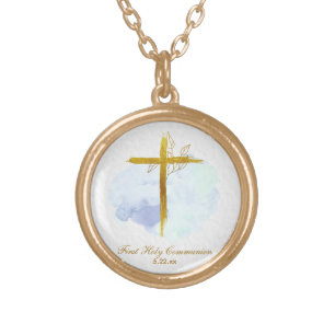 *~ Gold Cross AP35 Communion Christian Blue Gold P Plated Necklace