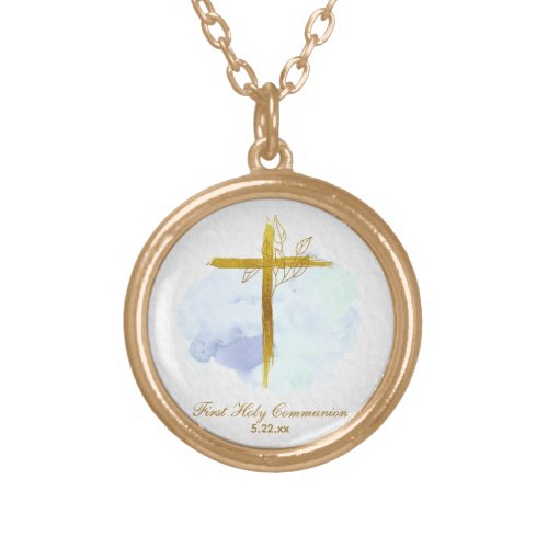 *~ Gold Cross AP35 Communion Christian Blue Gold P Plated Necklace