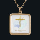 *~ Gold Cross AP35 Communion Christian Blue Gold Plated Necklace<br><div class="desc">(( search id AP35 and AP40 for similar designs )) SIMPLE MINIMAL Design. BLUE watercolor and GOLD BOTANICAL leaves on cross / crucifix/ SQUARE SHAPE The background is WHITE with a light watercolor stain of BLUE. The text font is fancy , elegant and sophisticated calligraphy script. The design is very...</div>