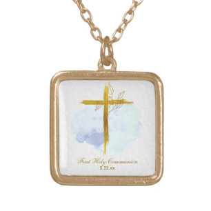 *~ Gold Cross AP35 Communion Christian Blue Plated Necklace
