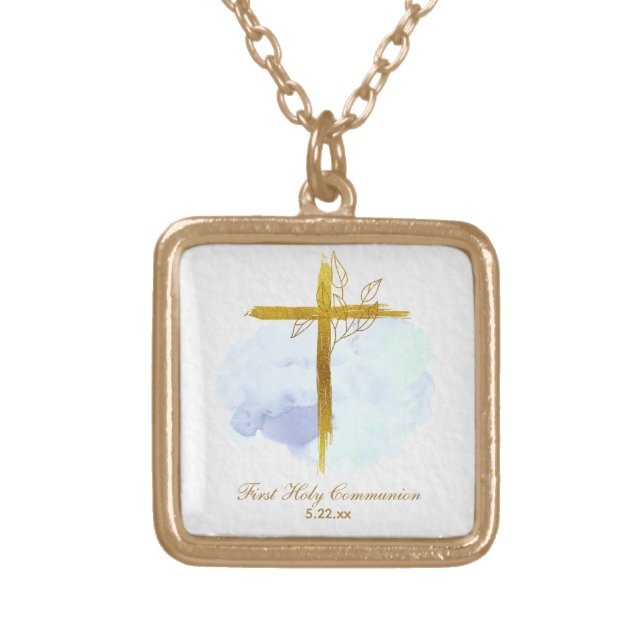 *~ Gold Cross AP35 Communion Christian Blue Plated Necklace (Front)