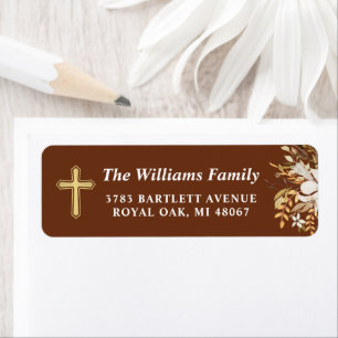 Gold Cross Autumn Floral Wreath Return Address Label