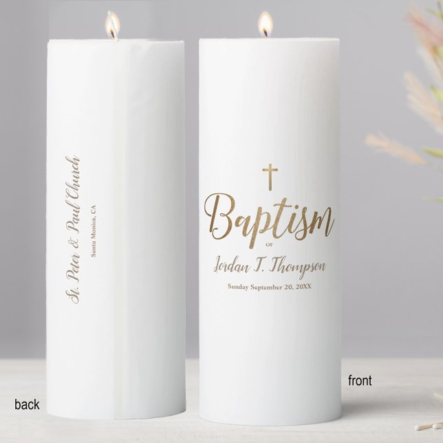 Gold Cross Baby Baptism Script Personalized Pillar Candle (Personalized white and gold baptism candle!)