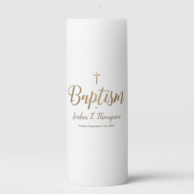 Gold Cross Baby Baptism Script Personalized Pillar Candle (Front)