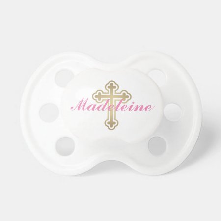 Gold Cross Baby Girl Baptism Pink Name Pacifier