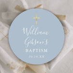 Gold Cross Baptism Christening Dusty Blue Classic Round Sticker<br><div class="desc">Featuring a gold cross and elegant signature script typography on a dusty blue background. Personalize with your special baptism or christening details on this stylish sticker. Designed by Thisisnotme©</div>