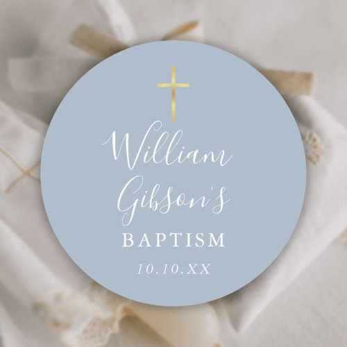 Gold Cross Baptism Christening Dusty Blue Classic Round Sticker