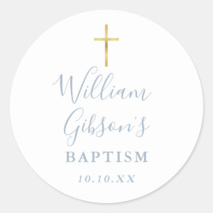 Gold Cross Baptism Christening Dusty Blue Classic Round Sticker
