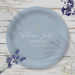 Gold Cross Baptism Christening Dusty Blue Paper Plates<br><div class="desc">Featuring an elegant script signature name. Personalize with your special baptism or christening information in chic lettering on a dusty blue background.  Designed by Thisisnotme©</div>