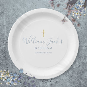 Gold Cross Baptism Christening Dusty Blue Paper Plates