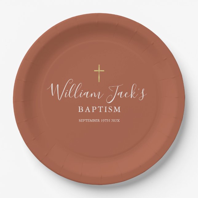 Gold Cross Baptism Christening Terracotta Paper Plates (Front)