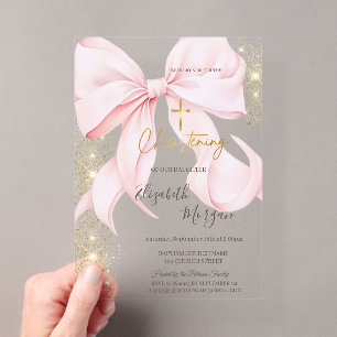 Gold Cross Baptism Gold Glitter Pink Bow Acrylic Invitations