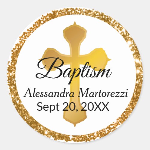 Gold Cross Baptism Sticker Glitter Edge Round