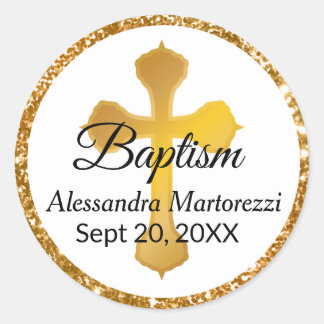 Gold Cross Baptism Sticker Glitter Edge Round