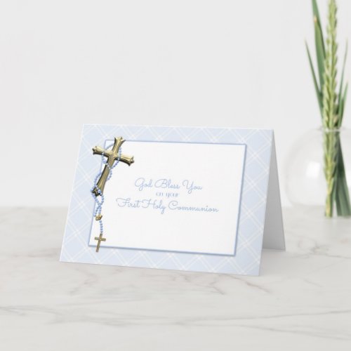 Gold Cross Blue Rosary Beads Communion Blessing Card