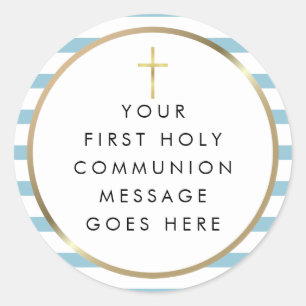 Gold Cross Blue Stripe Holy Communion Message Classic Round Sticker