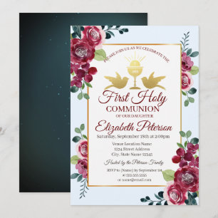 Gold Cross Burgundy Flowers First Holy Communion Invitation