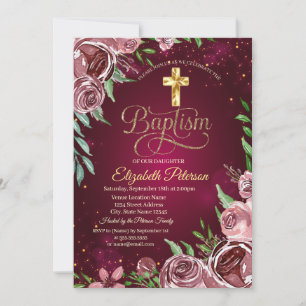 Gold Cross Burgundy Roses Baptism Invitation