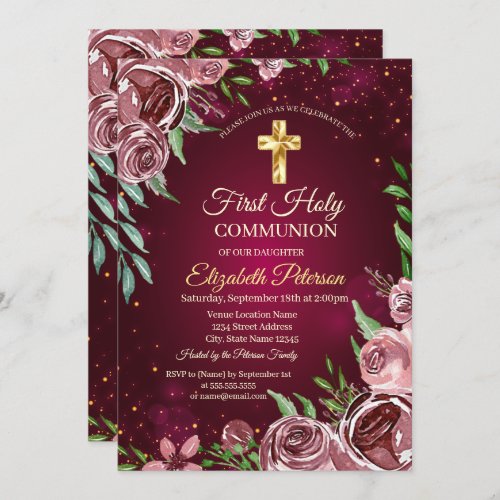 Gold Cross Burgundy Roses First Holy Communion Invitation