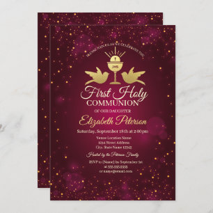 Gold Cross,Chalice Red First Holy Communion Invitation
