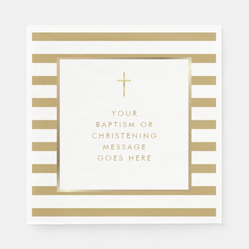 Gold Cross Chic Stripe Baptism Christening Message Napkins