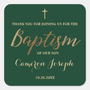 Gold Cross Custom Baby boy Baptism Emerald Green Square Sticker