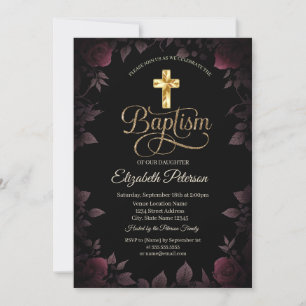 Gold Cross Dark Burgundy Roses Baptism Invitation
