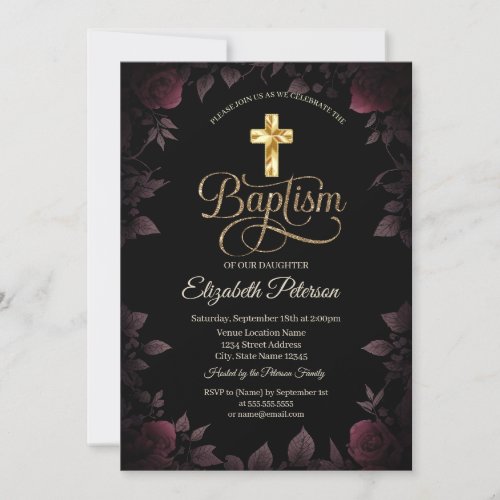 Gold Cross Dark Burgundy Roses Baptism Invitation