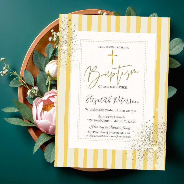 Gold Cross Diamond Yellow Striped Baptism Invitation (Creator Uploaded)