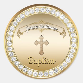 Gold Cross Diamonds Baptism Christening Classic Round Sticker by angela65 at Zazzle