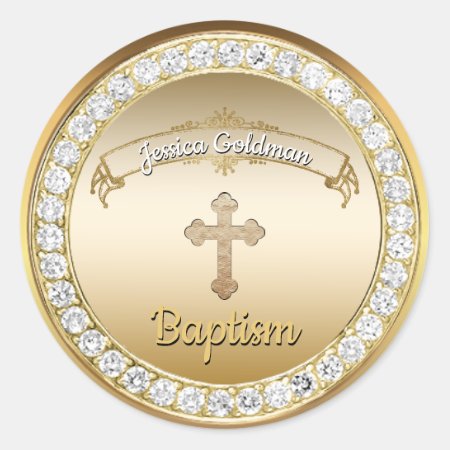 Gold Cross Diamonds Baptism Christening Classic Round Sticker