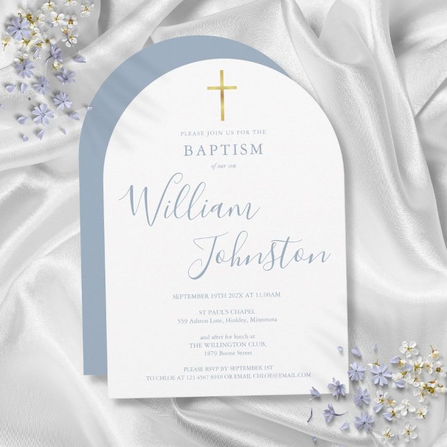 Gold Cross Dusty Blue Arch Baptism Christening  Invitation (Gold Cross Dusty Blue Arch Baptism Christening Invitation)
