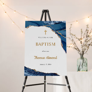 Gold Cross Dusty Blue Christening Welcome Sign