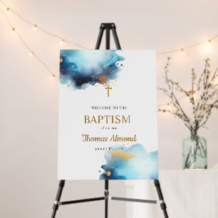 Gold Cross Dusty Blue Christening Welcome Sign