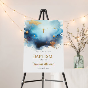 Gold Cross Dusty Blue Christening Welcome Sign
