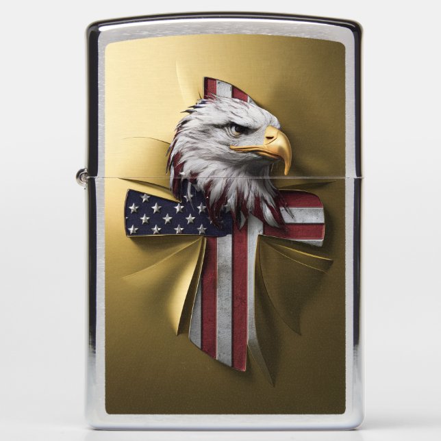Gold Cross Eagle Head with American Flag #2 Zippo Lighter (Front)