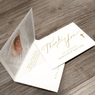 Gold Cross Elegant Photo Baptism Letterpress Thank You Card